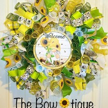 Handmade Sunflower Bumblebee Ribbon Wreath Gnome LED Lighted 22 inches D... - $75.00