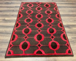 Modern Tibetan Rug 3.8 x 5.7 Raspberry Red and Dark Brown Abstract Handmade Wool - £416.24 GBP