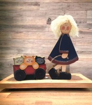Handmade Folk Art Wood Girl Cats Figurine Decor Kitsch Sculpture Wagon P... - £20.11 GBP
