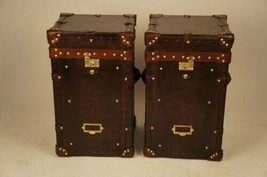 Pair of English Leather Tall Column Trunks Chests Side Tables Trunk Deco... - $794.65