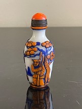 Chinese White Peking Glass Snuff Bottle with Blue and Orange Overlay Decoration - £93.95 GBP
