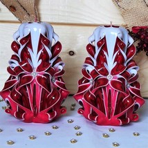 Carved Candles Home Decor Handmade Design Gift Handcarved Red White Set Of Two - £38.36 GBP