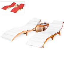 3 Pcs Wooden Folding Patio Lounge Chair Table Set W/Red/White Cushion Pad Deck - £298.18 GBP