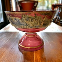 Cranberry Glass Pedestal Bowl LARGE Gold Gilt Antique Victorian Dish Stagecoach - £278.35 GBP