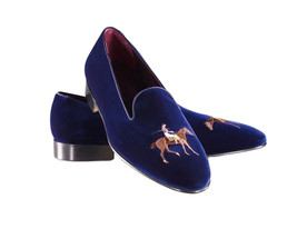 Mens Nav Blue Velvet Polo Design Loafers Slips On Casual Wear Hand Stitch Shoes - £115.07 GBP