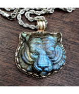 GROSSE HERREN VINTAGE natürliche blaue Feuerschnitzerei Labradorit Löwen... - $1,721.21 MXN