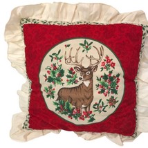 Vintage Christmas Pillow Deer Holly Buck Ruffle Cabin Country Hunt Woodland USA - £13.42 GBP