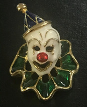 Vintage Goldtone Green,White ,Blue and a Red Enamel Clown Brooch - £19.99 GBP