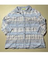 Sigrid Olsen Button Up Top Women’s 1X Blue White Tan Geometric Design - $26.26 CAD