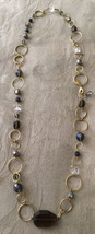 32” Necklace Brown Large Stone Bead Gold Hoops Blue Beads - £4.58 GBP