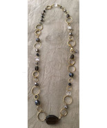 32” Necklace Brown Large Stone Bead Gold Hoops Blue Beads - £4.48 GBP