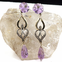 Natural Amethyst Carved Diamond 18K Gold &amp; 925 Silver Victorian Gemstone Earring - £284.77 GBP
