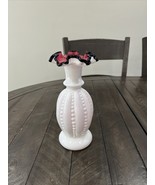 Fenton Beaded Melon 8.5” VASE Rose Vases Black Crest Milk Glass - $197.99