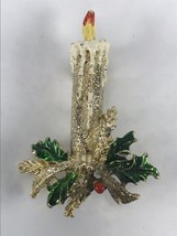 Gerrys Red Green White Enamel Gold Tone Christmas Candle Brooch VTG Signed  - $8.77