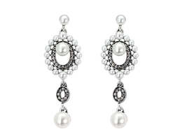 Cubic Zirconia &amp; Pearl Silver-Plated Open Drop Earrings - £11.98 GBP