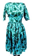 Retro VTG  1950s Acetate Dress  Full Skirt Turquoise Print Wide Waist XS S - $106.92