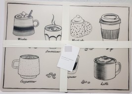 Set Of 4 Vinyl With Foam Back Placemats (12&quot;x18&quot;) Black &amp; White Coffee Cups, Sm - £17.04 GBP