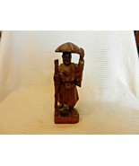 Vintage Carved Wooden Chinese Old Man with Hat, Cane &amp; Knapsack 8.25&quot; Tall - £21.85 GBP