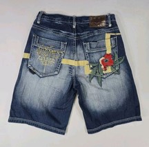 AKADEMIKS Denim Shorts Mens 32x11 Hip Hop Baggy Denim Embroidered Poppies  - $32.37