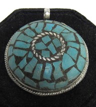 Vintage Ethnic Silver Inlay Mosaic Blue Turquoise Pendant Domed Disc 16.8g - £22.92 GBP