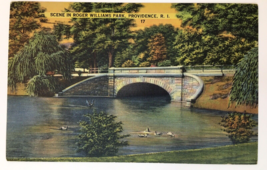 Linen Postcard Scene in Roger Williams Park Providence RI Echo Bridge Ducks  - £4.71 GBP
