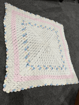 Handmade Baby Blanket-Crocheted White/Blue/Pink 36”x36” Yarn Soft Comfy - £13.23 GBP