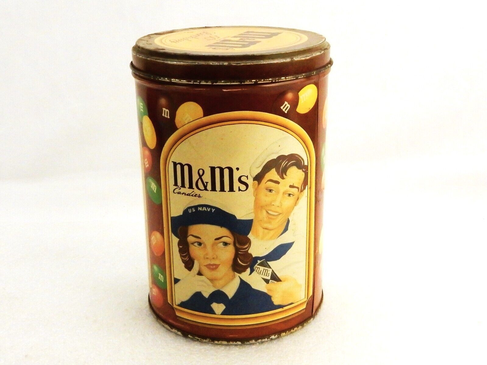 M&amp;Ms Metal Canister, 50th Anniversary, Vintage Graphics, Scratch &amp; Dent ... - $9.75