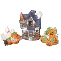 Ghost Village Tea Light Candle Holder House Ghosts Pumpkins Set Of 3 Candle - £11.72 GBP