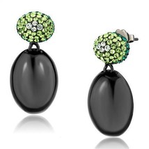 Black Plated Stainless Steel Green Crystal Dangle Earrings TK316 - £13.66 GBP