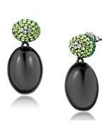 Black Plated Stainless Steel Green Crystal Dangle Earrings TK316 - $23.37 CAD