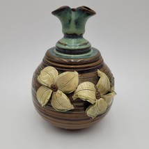 Turned Pottery Double Bud Vase Flower Pot Vessel/Applied Majolica? Flower Signed - £23.66 GBP