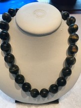 Vintage black Tigers Eye bead glass 24 inch necklace silver womens acces... - £59.27 GBP
