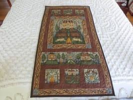 HANDMADE Signed HOUSES &amp; RABBITS SCENE Cotton QUILT Wall Hanging -22.5&quot; ... - $35.00