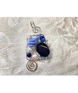 Pendant Blue Beaded Medium Sized Freeform Silver Wire Wrapped Handmade Spirals - $35.00