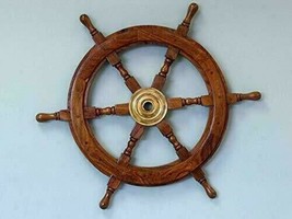 Vintage Brass Nautical Wooden Marine Ship Wheel 18&quot; Gift Decor Wall Hanging - £121.06 GBP