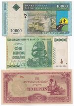 Zimbabwe, Madagascar, Japan, Lot of 3, All Different Banknotes, Rare Col... - $13.44