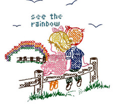 Partially Finished Cross Stitch See The Rainbow Kids Sitting on Fence 70... - $24.06