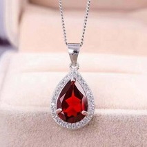 2.00Ct Pear Cut Lab-Created Red Ruby Teardrop Halo Pendant 14K White Gold Plated - £90.19 GBP
