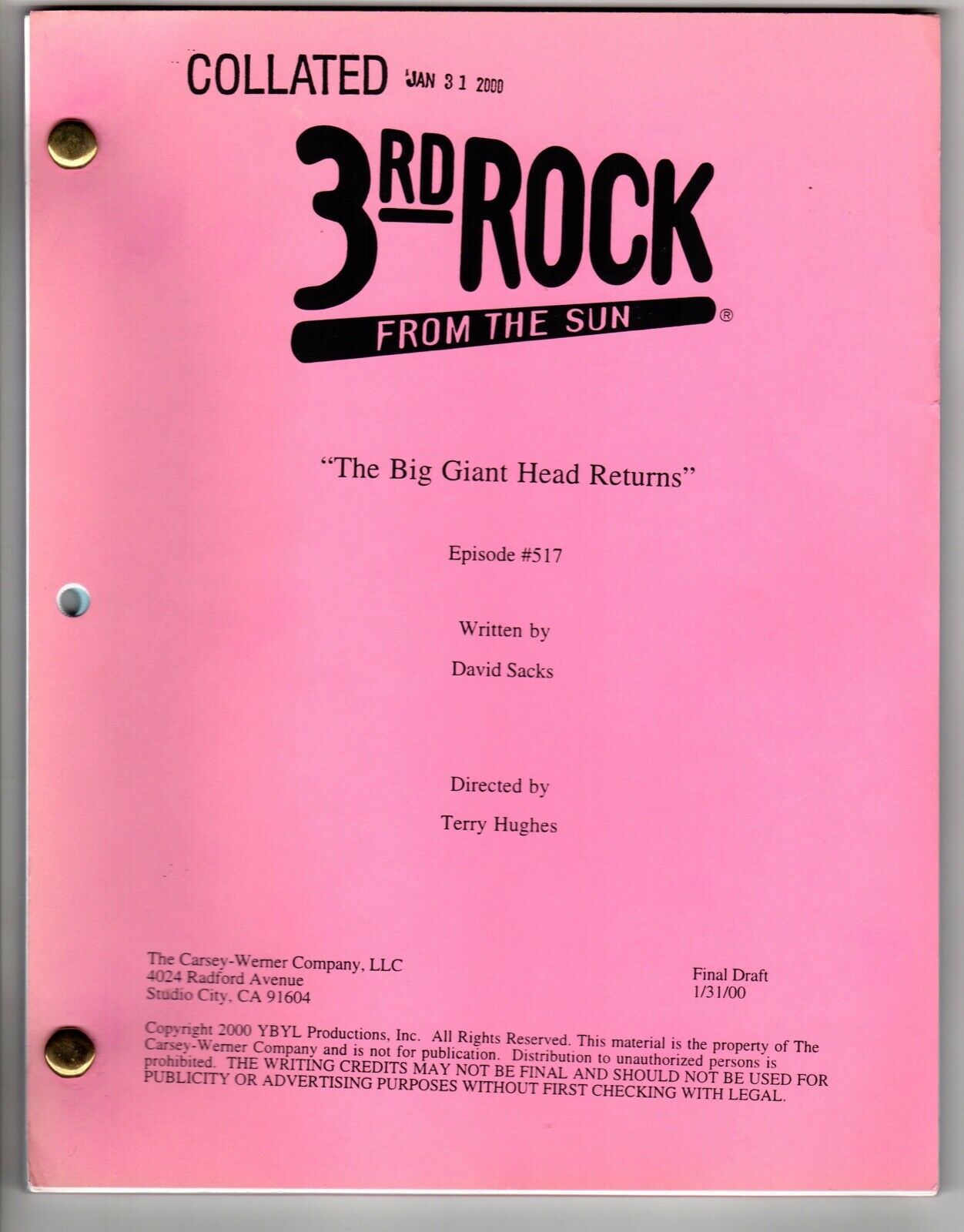 *3RD ROCK FROM THE SUN - THE BIG GIANT HEAD RETURNS Final Draft 3rd Rev ... - $50.00