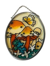 Stained Glass Mushrooms 5X3 Suncatcher vtg oval Cottage Home mobile butterfly - £23.64 GBP
