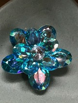 Estate Large Iridescent Aqua Blue w Center Clear Rivioli Layered Flower Pin Broo - £11.68 GBP