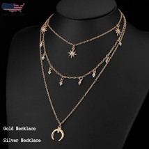 Women 3 Multi Layers Pendant Long Necklace Gold Sliver Moon Star Flower Crystal - £7.58 GBP