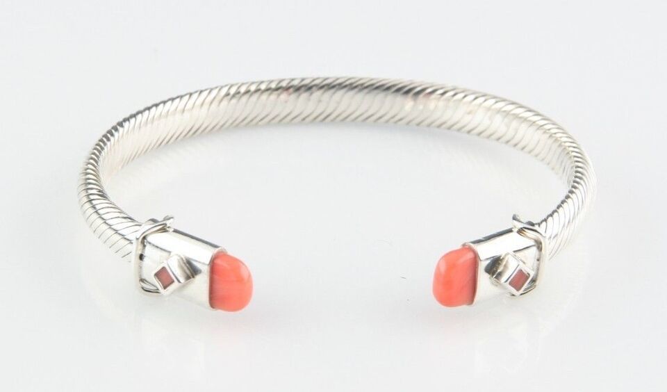 Primary image for Sterling Silver Cable Cuff Bracelet w/ Coral Accents 7" Long 6 mm Wide 29.2 g