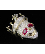 14K Solid Yellow Gold Finish 925 Silver Brilliant Cut Diamond Skull Pendant - $127.99