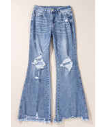 Dusk Blue High Rise Ripped Distressed Hem Flared Jeans - $745.27 MXN
