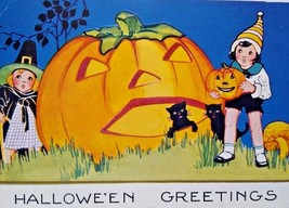 Halloween Postcard Giant JOL Pumpkin Black Cats Children Mushroom 1926 Blue BG - $67.45