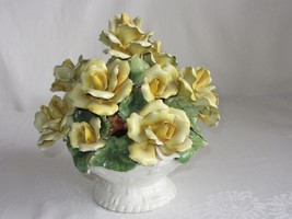 Vtg Porcelain Flower Basket Figurine Yellow Rose Italy 9&quot; Capodimonte Style - £102.55 GBP