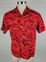 Vintage Mens Ui-Maikai Red Cotton Hawaiian Shirt Hibiscus Fish Islands Boats M-L - £31.32 GBP