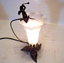 Vintage Art Nouveau Lamp Hand Blown Tulip Glass Frost Shade Metal Cherub &amp; Base - £31.82 GBP