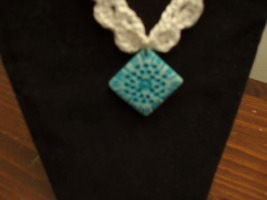 Necklace crocheted carved bone pendant blue free shipping - $25.00